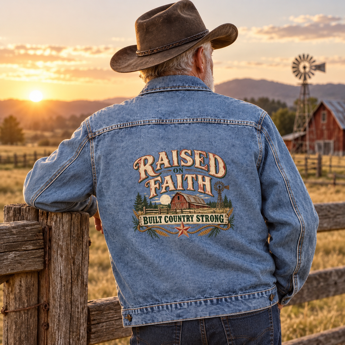 Senior man wears blue vintage denim jacket printed Raised On Faith Built Country Strong