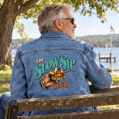 Senior man in blue vintage denim jacket with printed The Slow Sip Club design