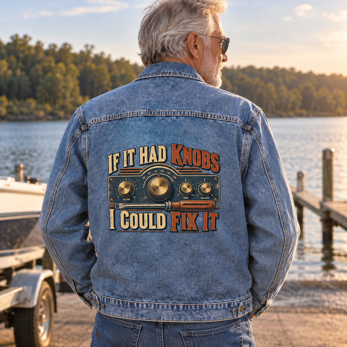 Senior man in blue vintage denim jacket with printed knob slogan, lakeside back view