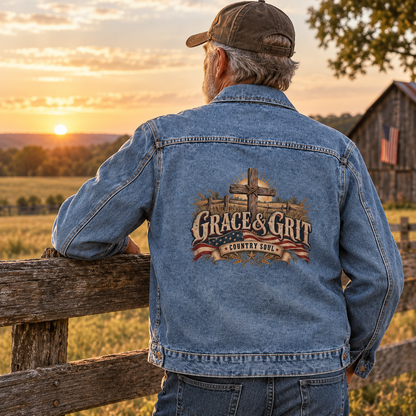 Senior man in blue vintage denim jacket, Grace & Grit Country Soul printed on back