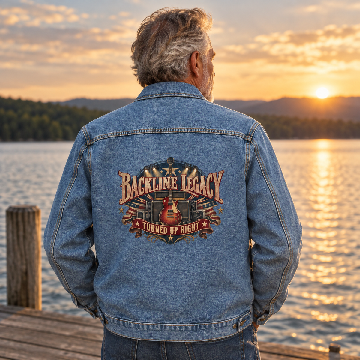 Senior man’s blue vintage denim jacket displays printed Backline Legacy Turned Up Right at sunset