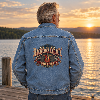 Senior man’s blue vintage denim jacket displays printed Backline Legacy Turned Up Right at sunset