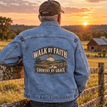 Senior man from behind wears blue denim jacket printed Walk By Faith, Country By Grace