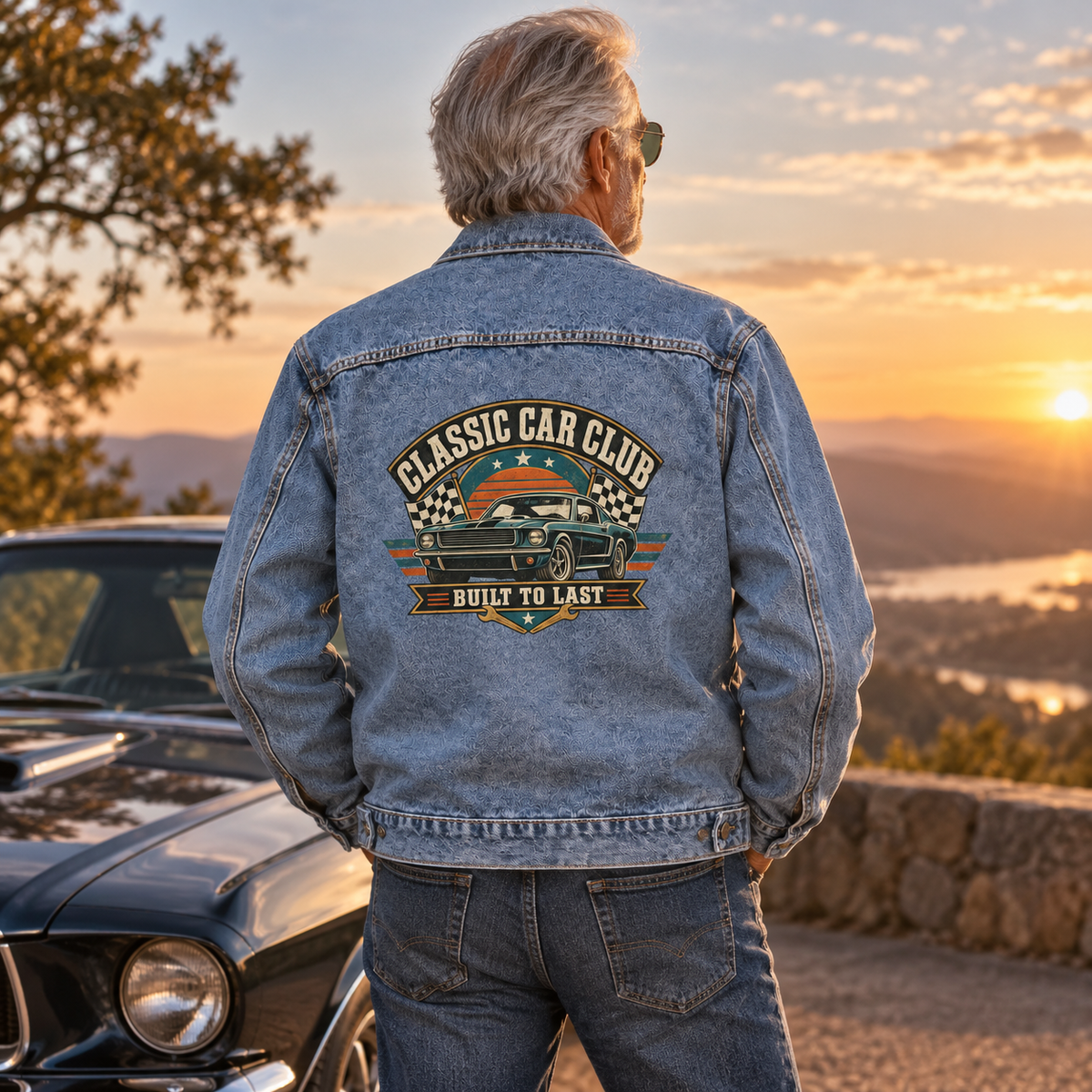 Senior man wears blue vintage denim jacket with Classic Car Club, Built To Last print.