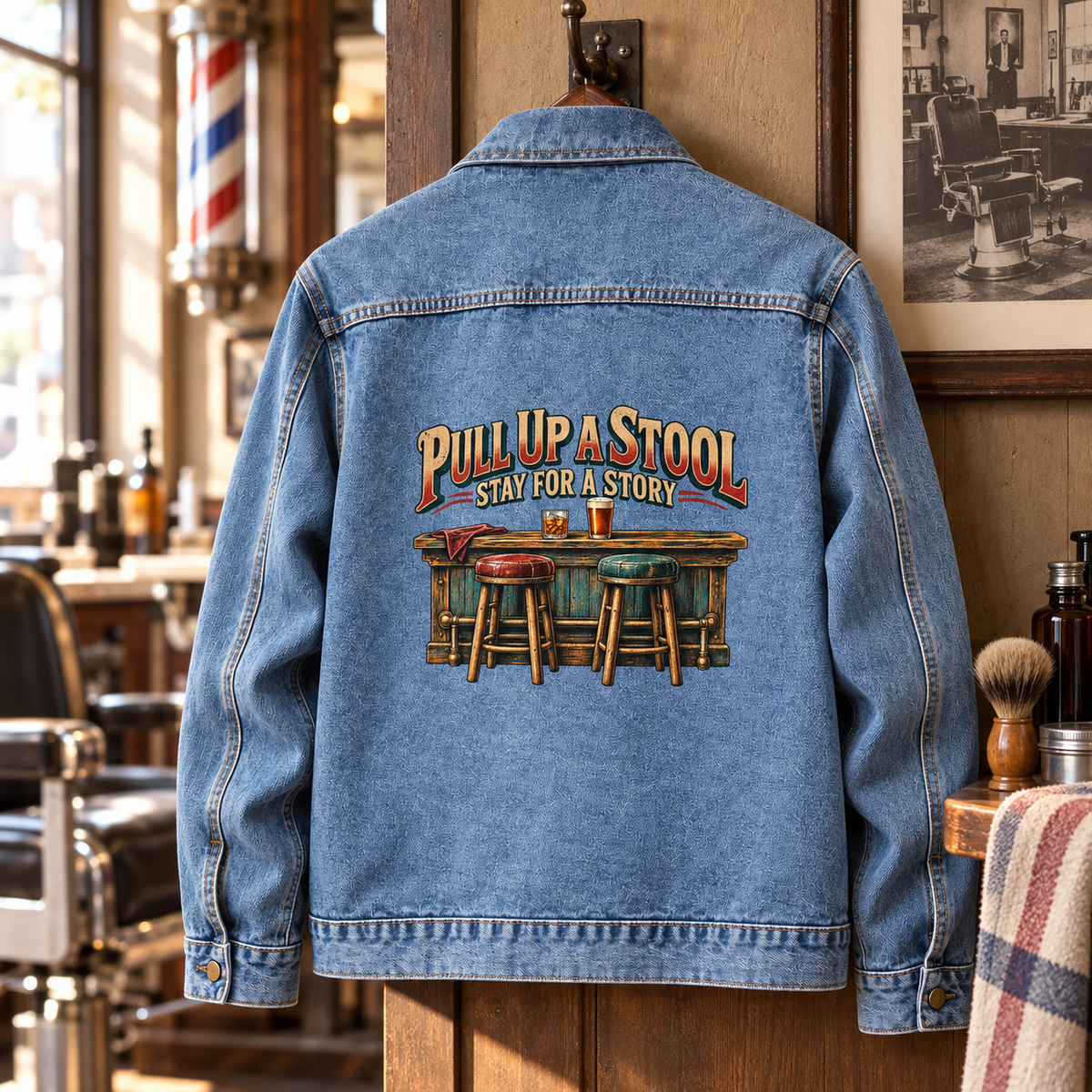 Blue vintage denim jacket back with printed “Pull Up A Stool. Stay For A Story” slogan