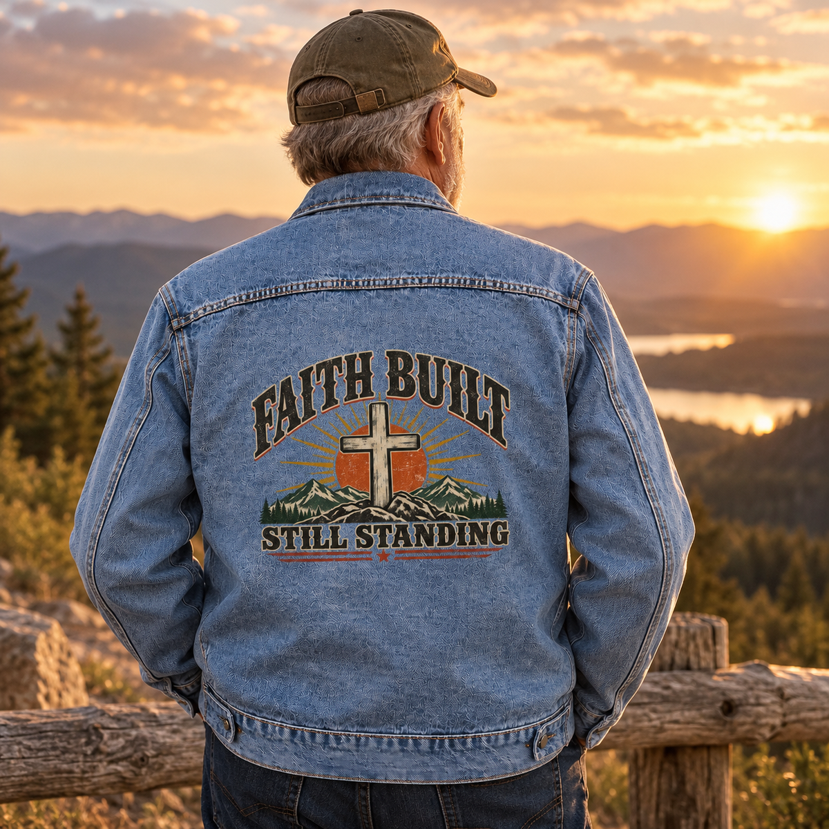 Senior man wearing blue vintage denim jacket with Faith Built Still Standing print at sunset