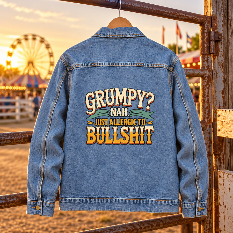 Blue vintage denim jacket, back view, printed Grumpy? Nah. Just Allergic To Bullshit