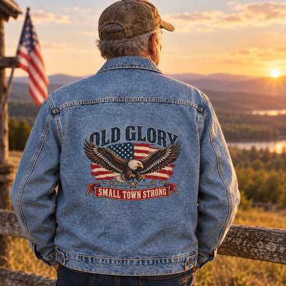 Senior wearing blue vintage denim jacket with printed eagle and Small Town Strong slogan