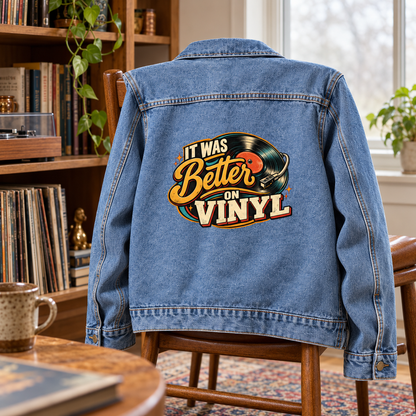 Blue vintage denim jacket on chair, back showing printed It Was Better On Vinyl design.