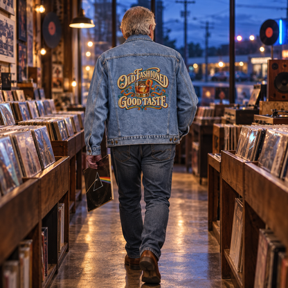 Senior man seen from behind wearing blue vintage denim jacket printed Old Fashioned Good Taste.