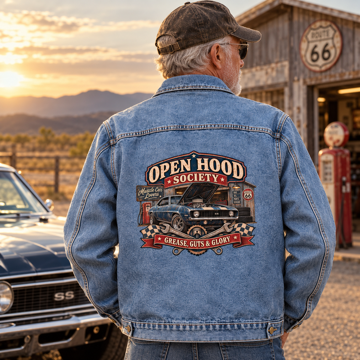 Senior man in blue vintage denim jacket with printed Open Hood Society design, rear view