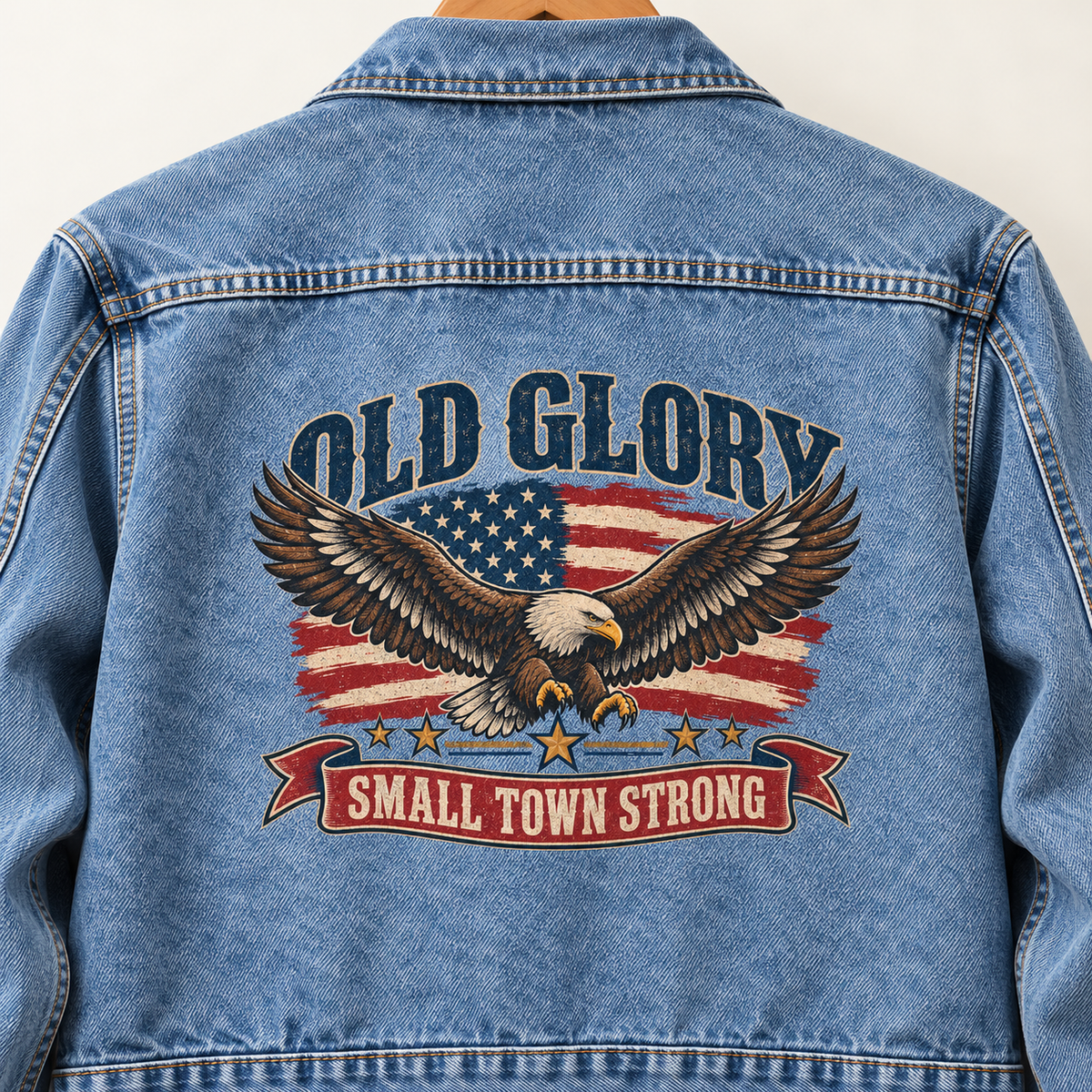 Close-up of Old Glory. Small Town Strong printed design on the back of vintage denim jacket