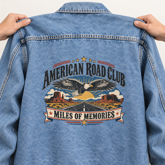 Close-up of American Road Club. Miles Of Memories printed design on the back of vintage denim jacket