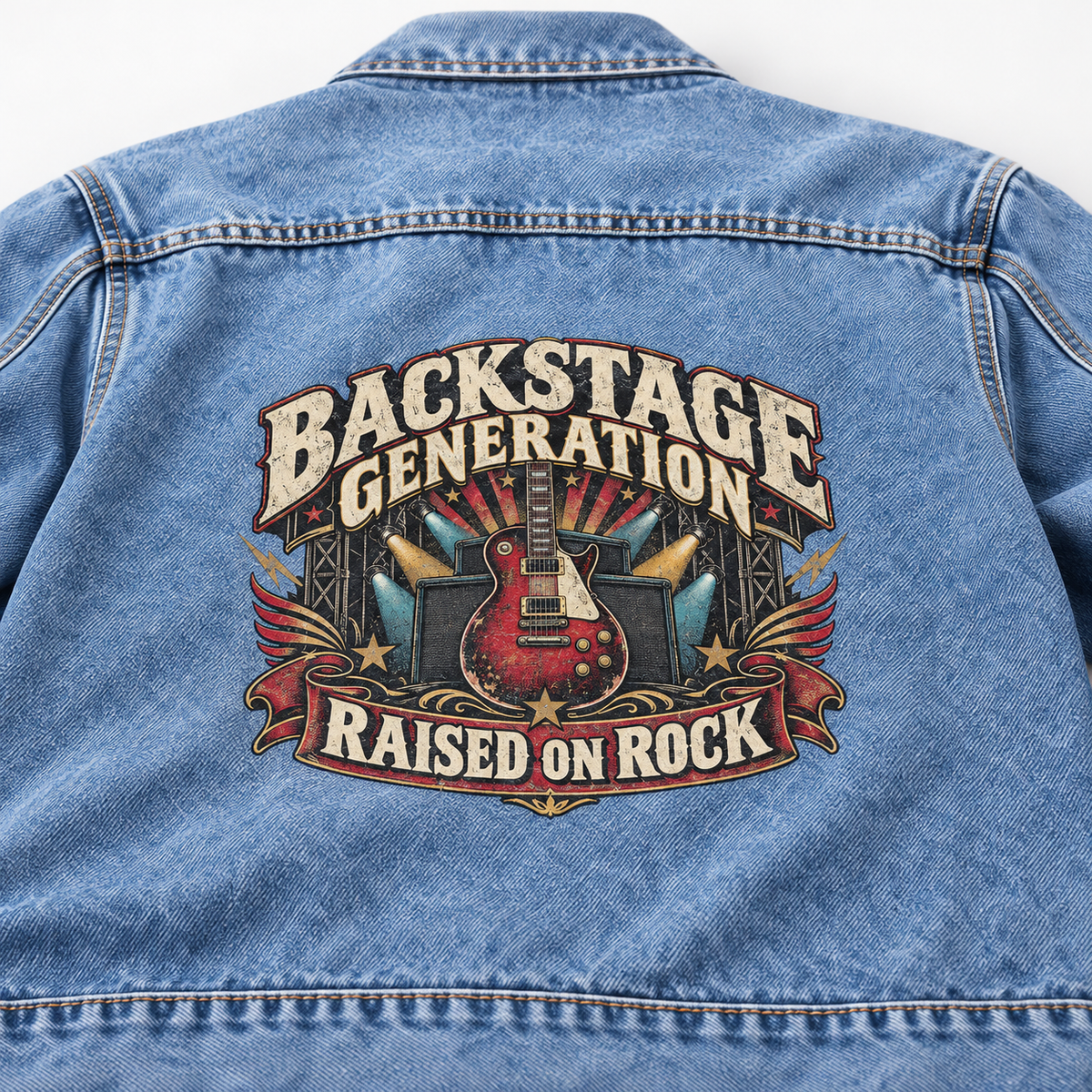 Close-up of Backstage Generation Raised On Rock printed design on the back of vintage denim jacket