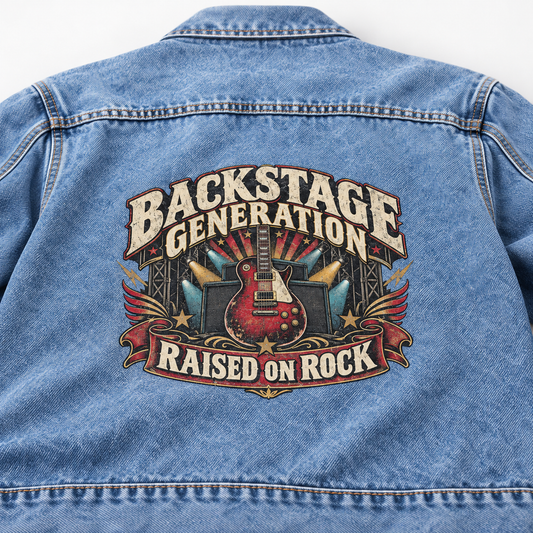 Close-up of Backstage Generation Raised On Rock printed design on the back of vintage denim jacket