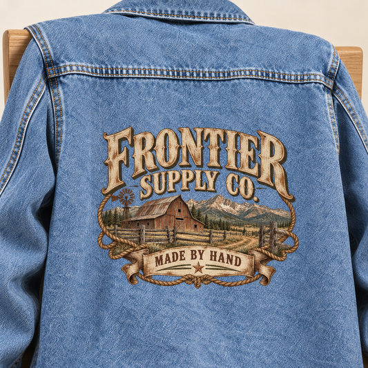 Close-up of Frontier Supply Co. Made By Hand printed design on the back of vintage denim jacket