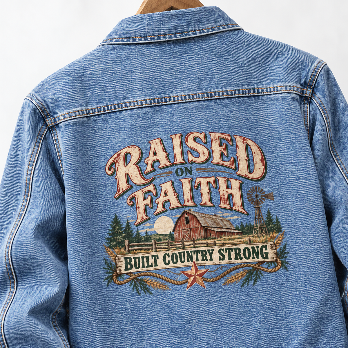 Close-up of Raised On Faith. Built Country Strong printed design on the back of vintage denim jacket