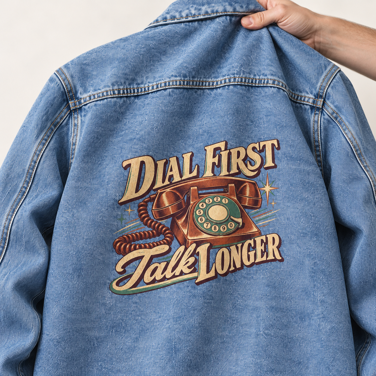 Blue vintage denim jacket back with printed rotary phone and Dial First. Talk Longer