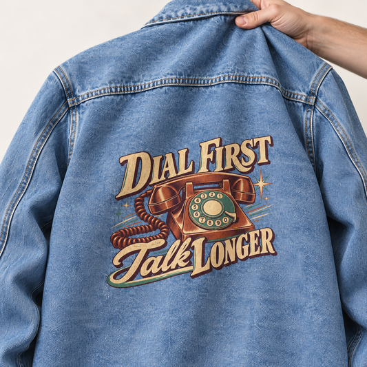 Blue vintage denim jacket back with printed rotary phone and Dial First. Talk Longer