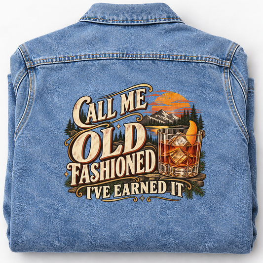 Blue vintage denim jacket, back view, printed Call Me Old Fashioned I've Earned It design