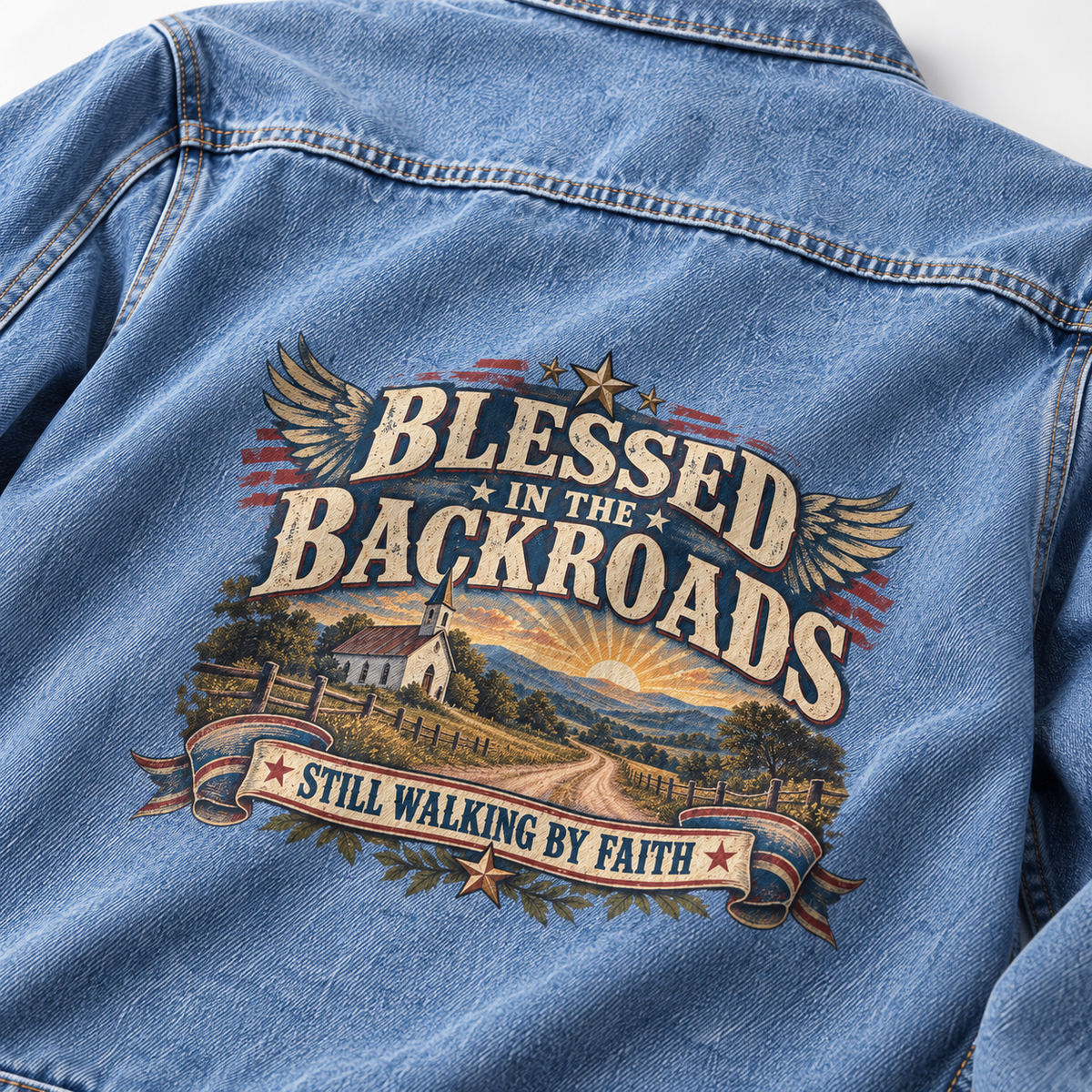 Close-up of Blessed In The Backroads Still Walking By Faith printed design on the back of vintage denim jacket