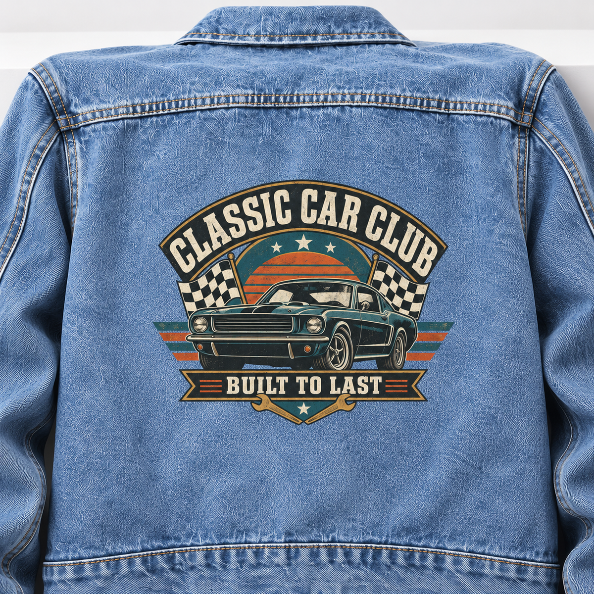 Close-up of Classic Car Club. Built To Last printed design on the back of vintage denim jacket