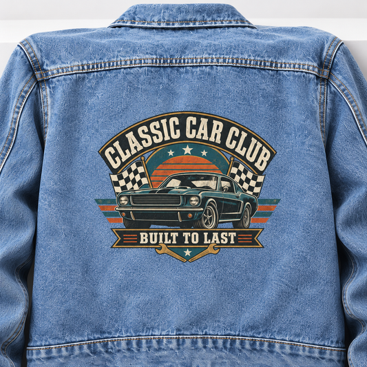 Close-up of Classic Car Club. Built To Last printed design on the back of vintage denim jacket