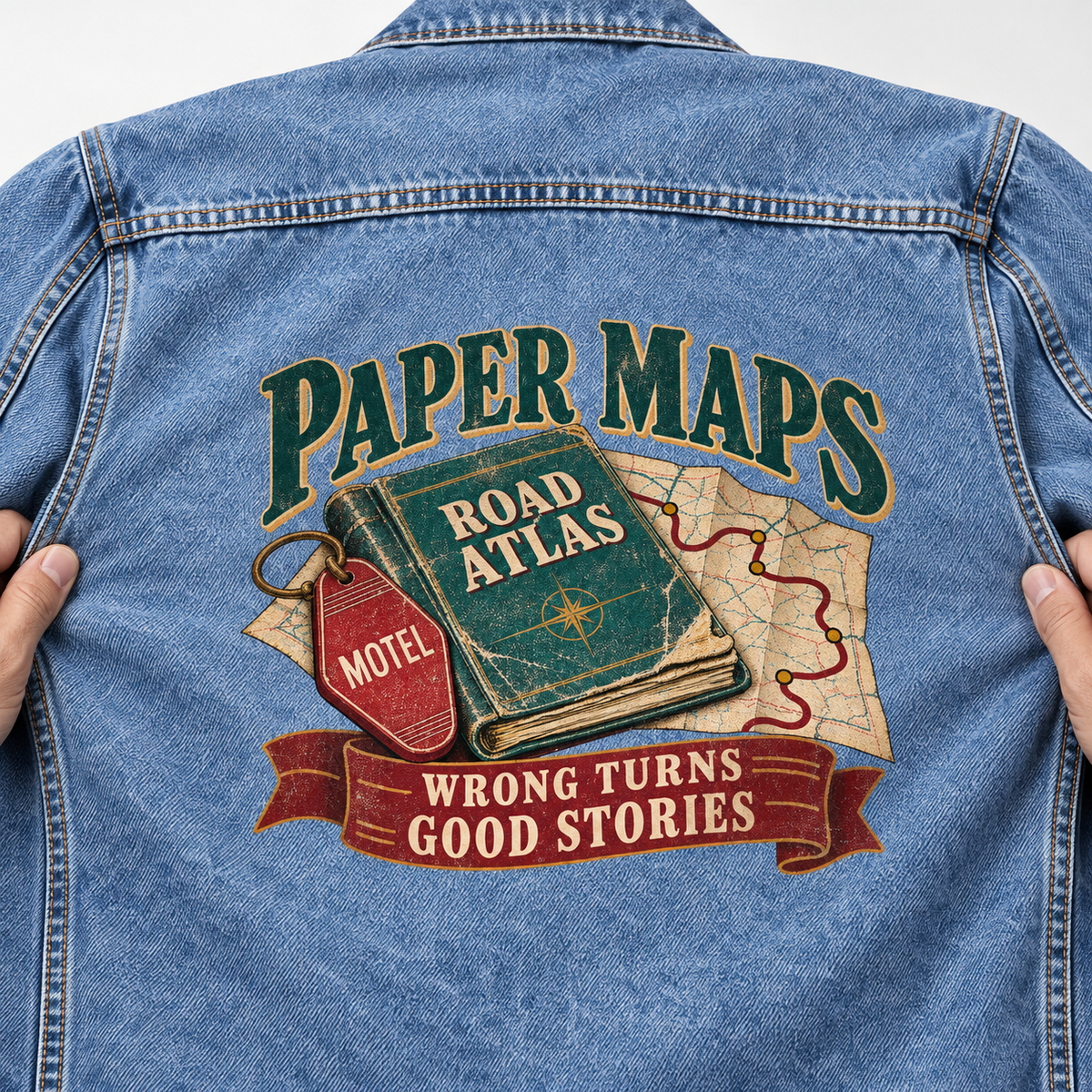 Back of blue vintage denim jacket with printed Paper Maps, Wrong Turns, Good Stories slogan