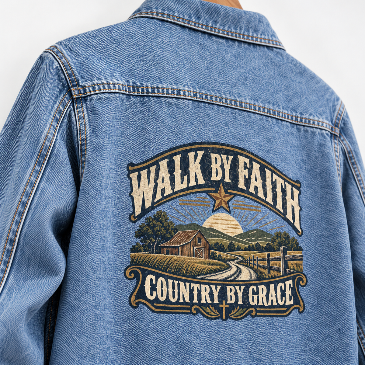 Close-up of Walk By Faith. Country By Grace printed design on the back of vintage denim jacket