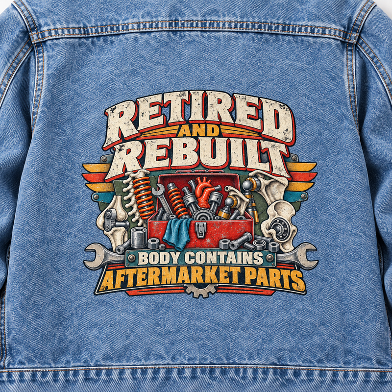Blue vintage denim jacket back with printed Retired and Rebuilt, Body Contains Aftermarket Parts