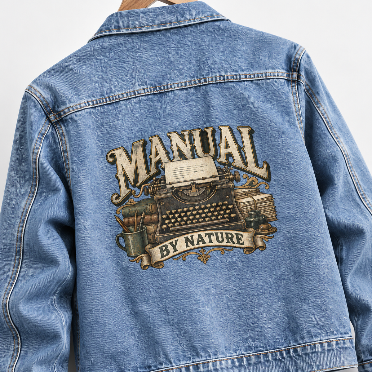 Back view of blue vintage denim jacket with printed typewriter and Manual By Nature slogan
