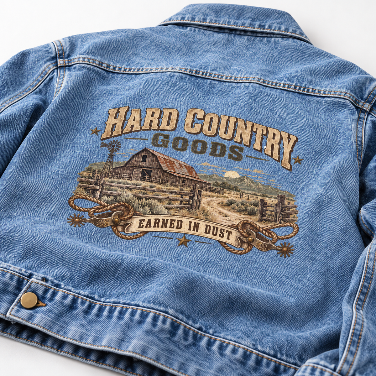 Close-up of Hard Country Goods Earned In Dust printed design on the back of vintage denim jacket