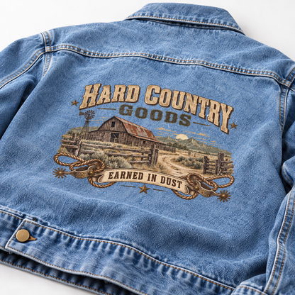 Close-up of Hard Country Goods Earned In Dust printed design on the back of vintage denim jacket
