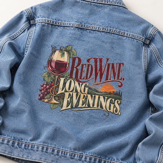 Back view of blue vintage denim jacket with printed Red Wine Long Evenings, grapes and wineglass.