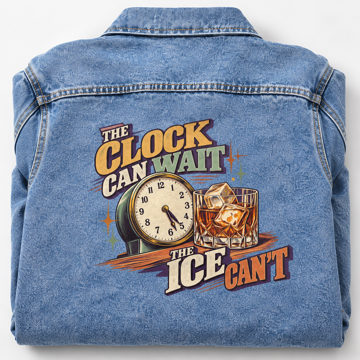 Blue vintage denim jacket, back view, printed with The Clock Can Wait The Ice Can’t