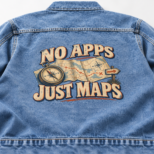 Blue vintage denim jacket back with printed No Apps. Just Maps slogan, compass and map.