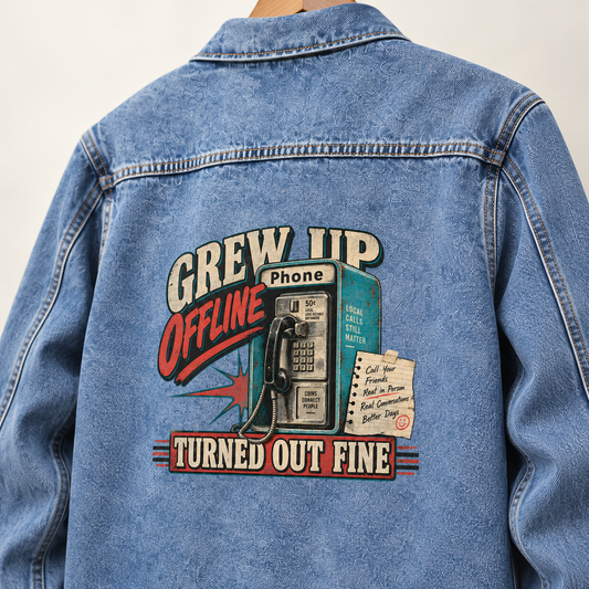 Blue vintage denim jacket back view with printed Grew Up Offline, Turned Out Fine slogan