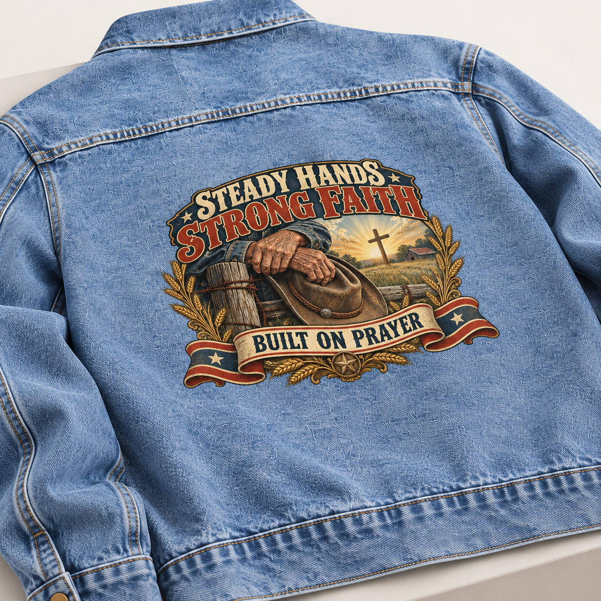Close-up of Steady Hands. Strong Faith Built On Prayer printed design on the back of vintage denim jacket