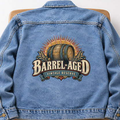 Back view of blue vintage denim jacket with printed barrel and Barrel-Aged Vintage Reserve slogan