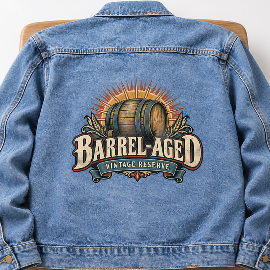 Back view of blue vintage denim jacket with printed barrel and Barrel-Aged Vintage Reserve slogan