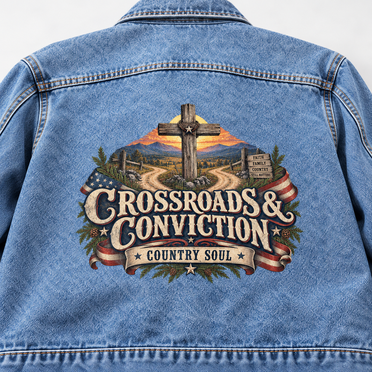 Close-up of Crossroads & Conviction. Country Soul printed design on the back of vintage denim jacket