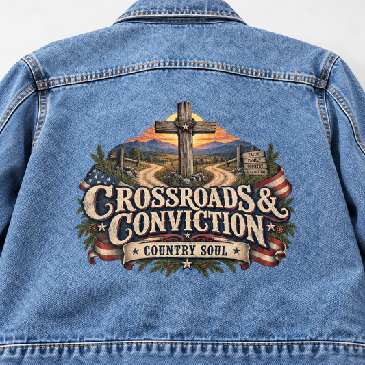 Close-up of Crossroads & Conviction. Country Soul printed design on the back of vintage denim jacket