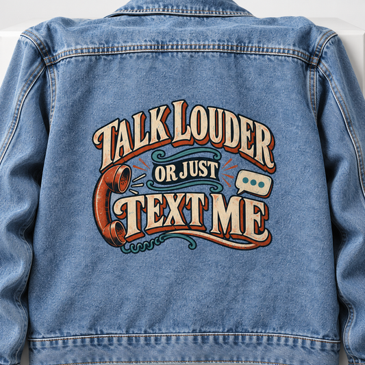 Back view of blue vintage denim jacket with printed Talk Louder Or Just Text Me design