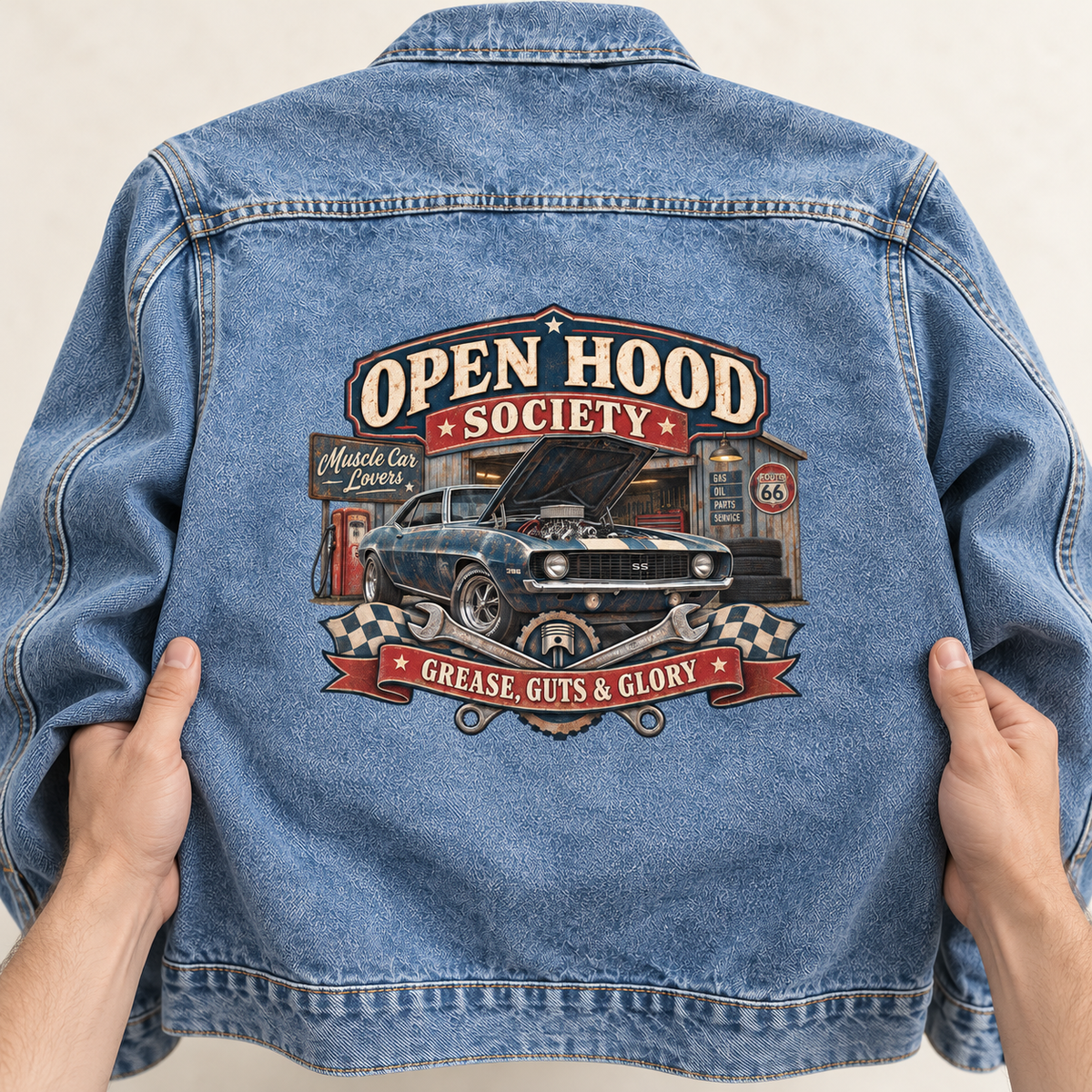 Close-up of Open Hood Society. Grease, Guts & Glory printed design on the back of vintage denim jacket