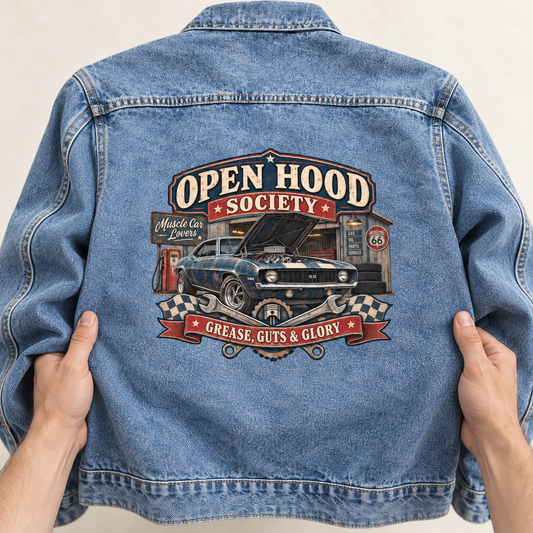 Close-up of Open Hood Society. Grease, Guts & Glory printed design on the back of vintage denim jacket