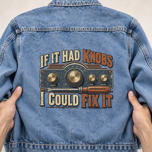 Blue vintage denim jacket back with printed If It Had Knobs, I Could Fix It