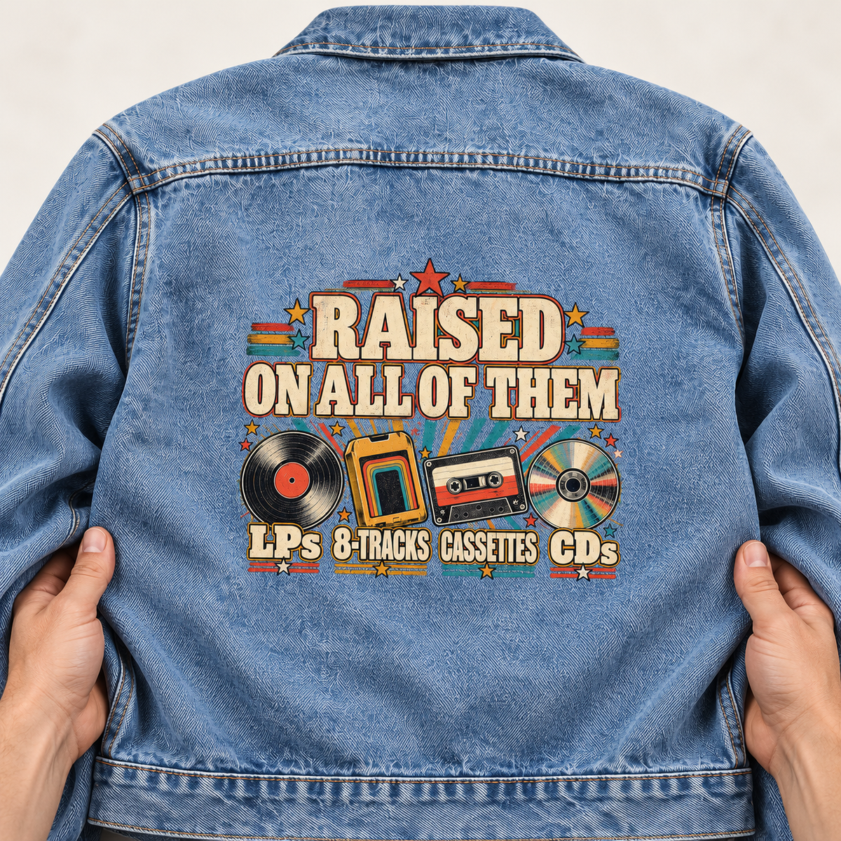 Blue vintage denim jacket back with printed Raised On All Of Them music design