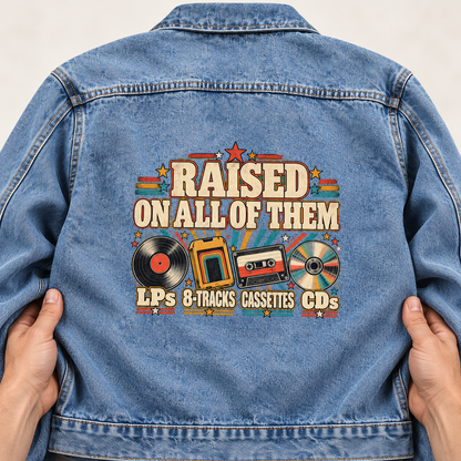 Blue vintage denim jacket back with printed Raised On All Of Them music design