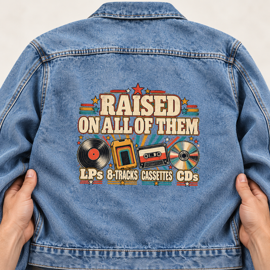 Blue vintage denim jacket back with printed Raised On All Of Them music design
