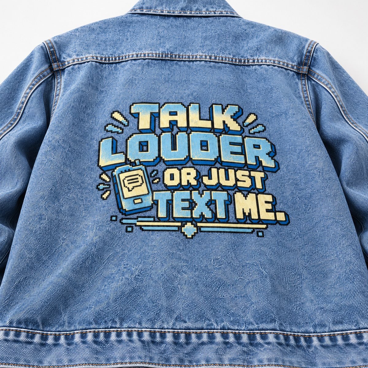 Blue vintage denim jacket, back view, printed Talk Louder Or Just Text Me slogan